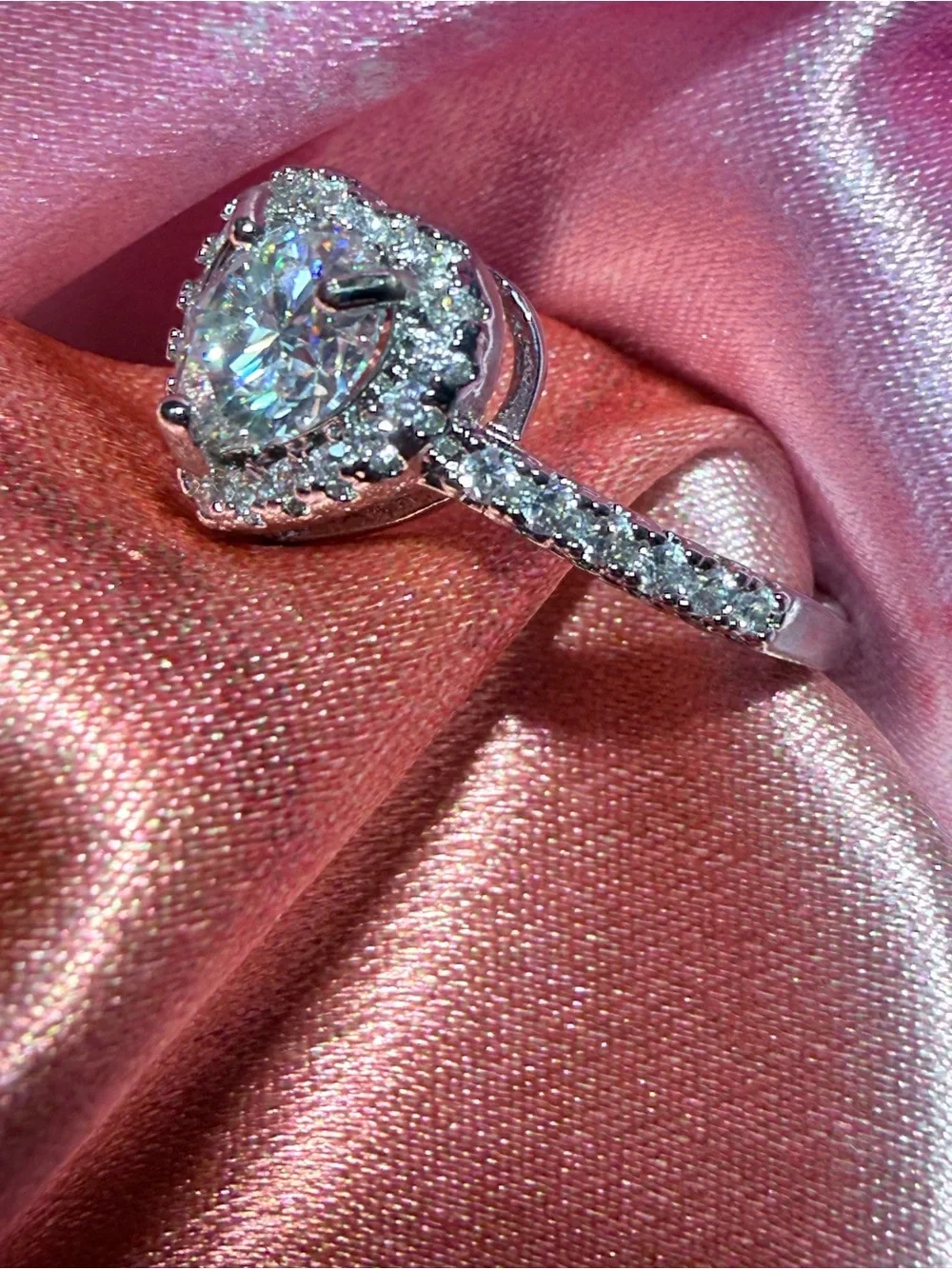 Sparkling Moissanite Heart Shape with Halo and Shimmering Stones on Band
